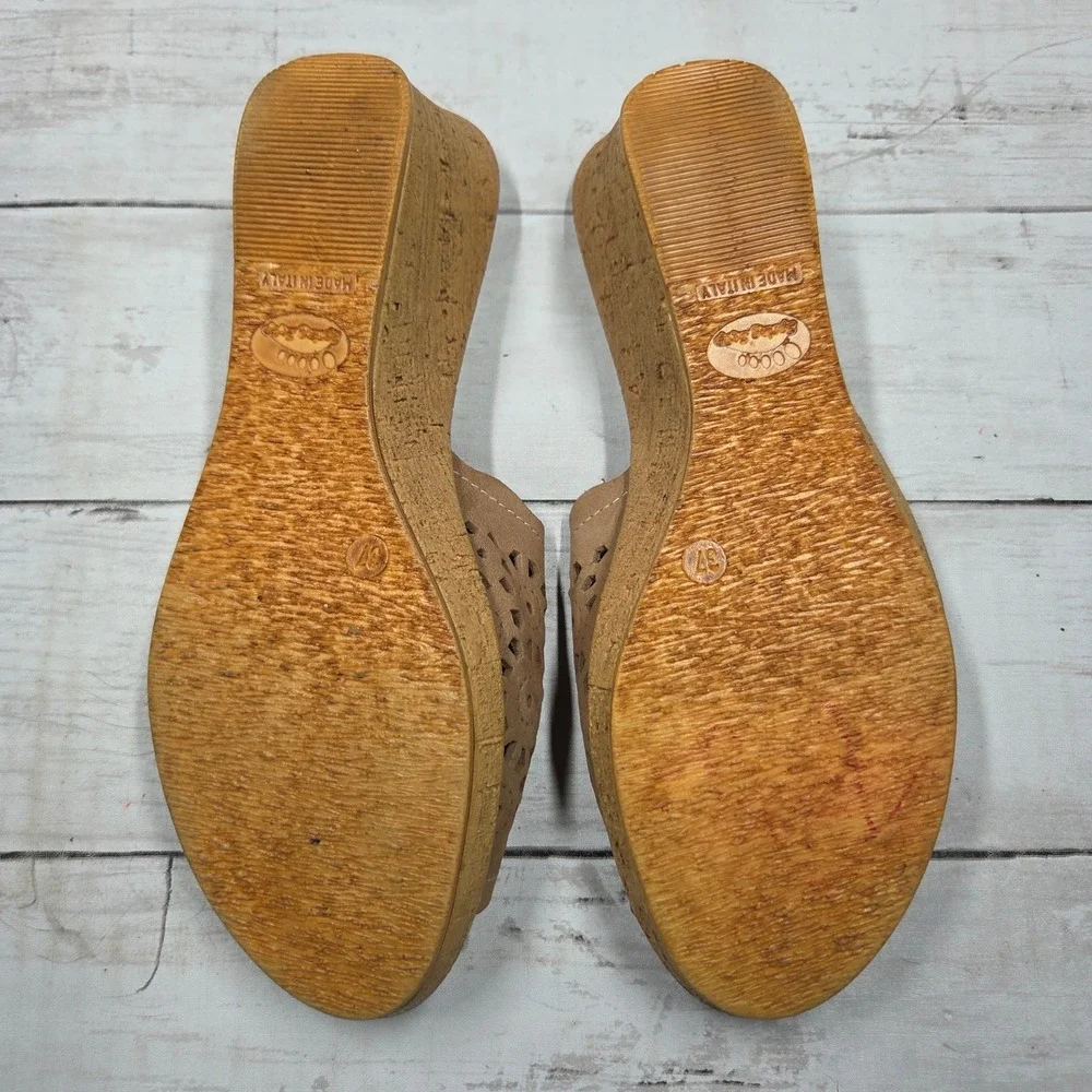 Spring Step Laser Cut Floral Wedge Slide Sandals Womens 37 Tan Leather Italy